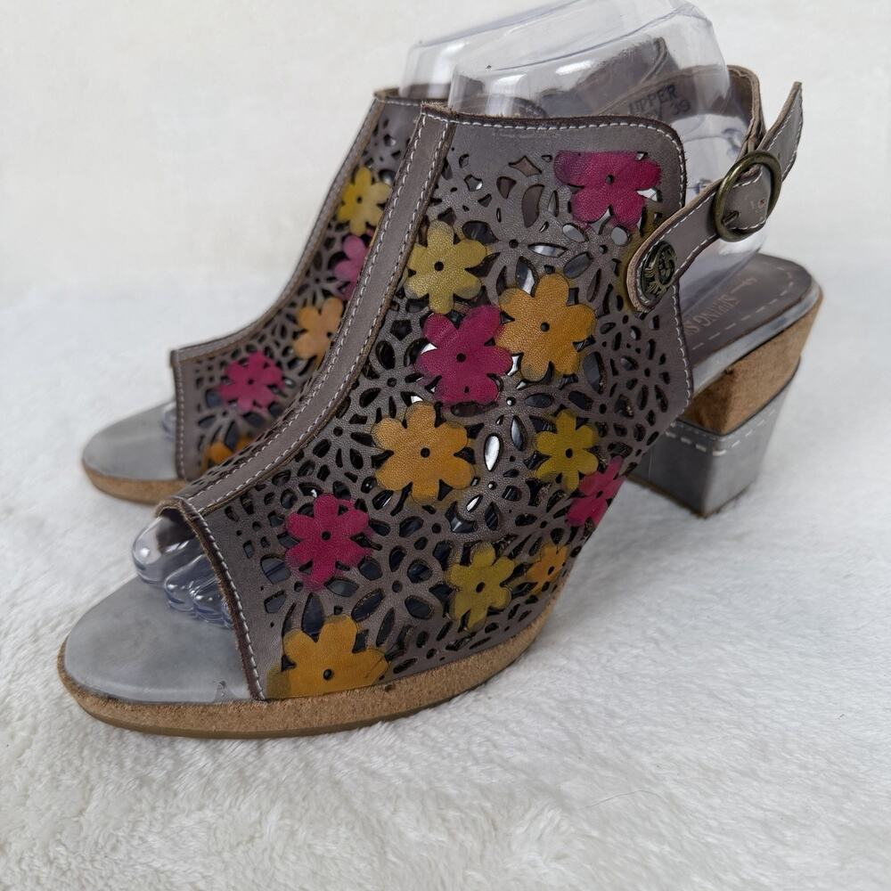 L’Artiste Spring Step Floral Leather Heeled Sandals Womens 39 Colorful